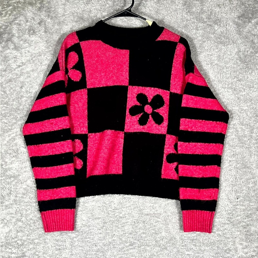 Zara Sweater Womens Small Pink Black Stretch Checkered Long Sleeve Crewneck